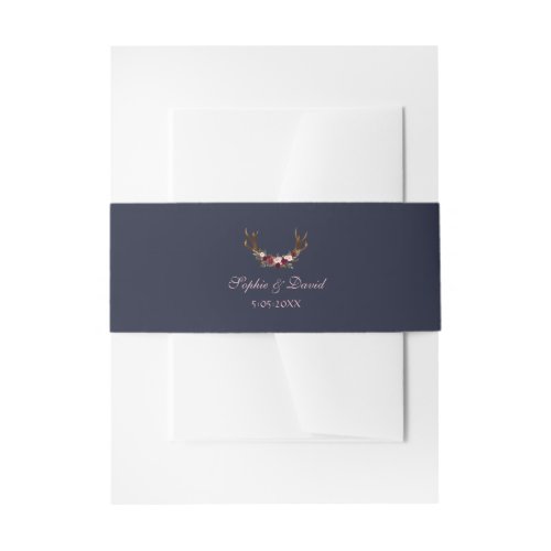 Marsala Floral Antlers Navy Blue Fall Wedding Invitation Belly Band