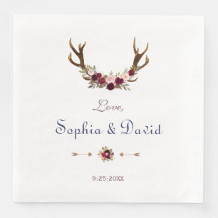 Marsala Floral Antlers Navy Blue Fall Wedding Paper Dinner Napkins