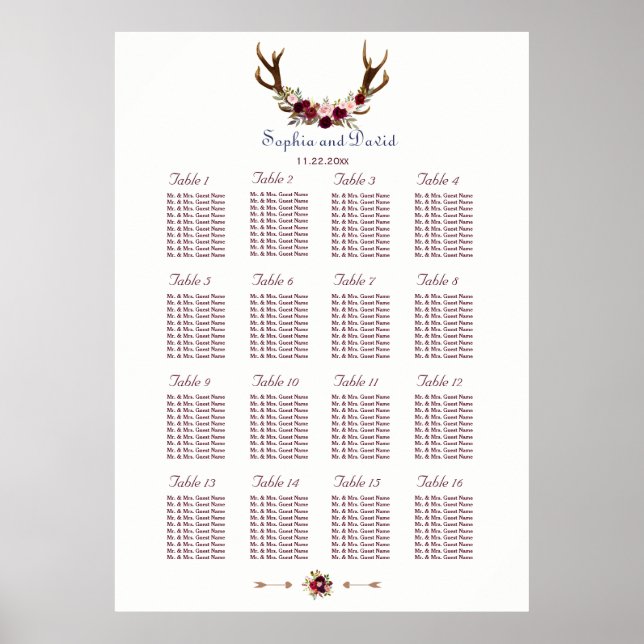 Marsala Floral Antlers Navy Blue Fall Wedding Poster (Front)