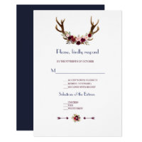Marsala Floral Antlers Navy Blue Fall Wedding RSVP Card