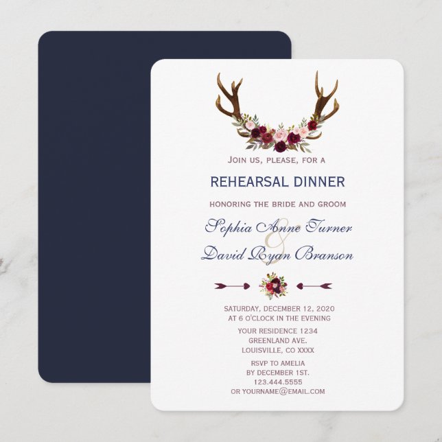 Marsala Floral Antlers Navy Blue Rehearsal Dinner Invitation (Front/Back)