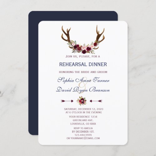 Marsala Floral Antlers Navy Blue Rehearsal Dinner Invitation