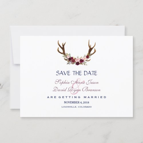 Marsala Floral Antlers Navy Blue Save The Date