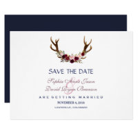 Marsala Floral Antlers Navy Blue Save The Date Card