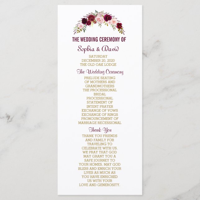 Marsala Floral Antlers Navy Blue Wedding Program (Front)