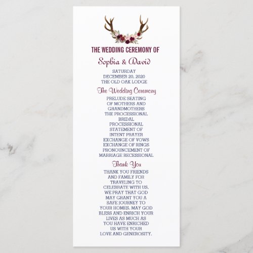 Marsala Floral Antlers Navy Blue Wedding Program