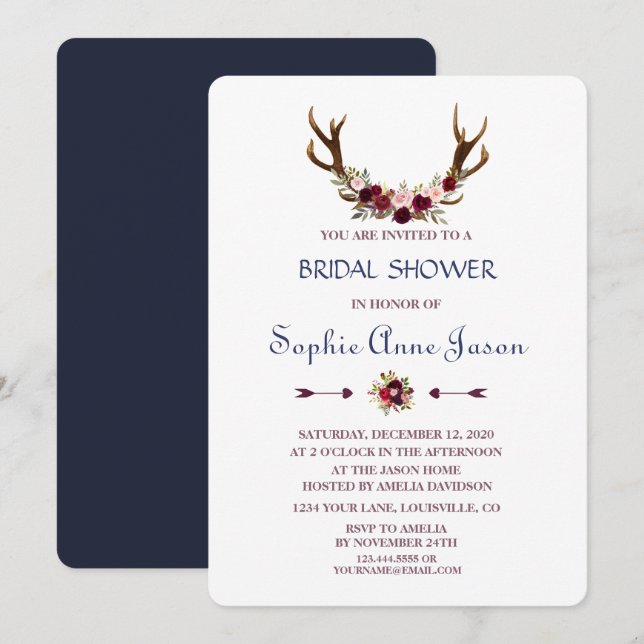 Marsala Floral Antlers Navy Fall Bridal Shower Invitation (Front/Back)