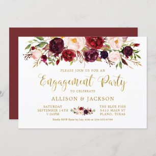 Marsala Floral Autumn Gold Engagement Party Card