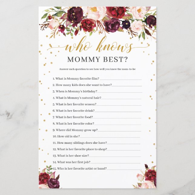 Marsala floral boho who knows mommy best game (Front)