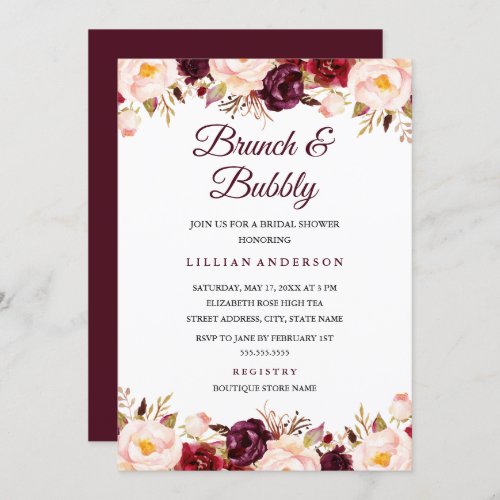 Marsala Floral Brunch And Bubbly Bridal Shower Invitation