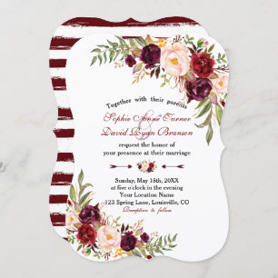 Marsala Floral Burgundy Stripes Wedding Invitation