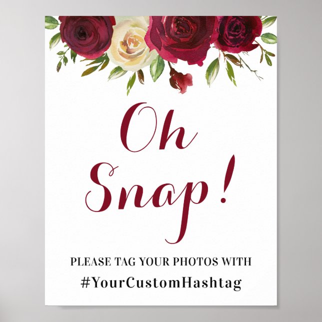 Marsala Floral Custom Instagram Hashtag Party Sign (Front)