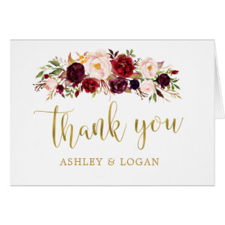 Marsala Floral Gold Autumn Wedding Thank You Card