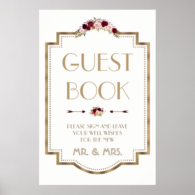 Marsala Floral Gold Fall Wedding Guest Book Sign (Front)
