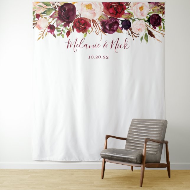 Marsala Floral Greenery wedding photo backdrop (In Situ)