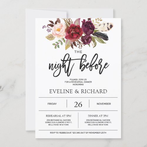 Marsala floral handwritten lettering rehearsal invitation