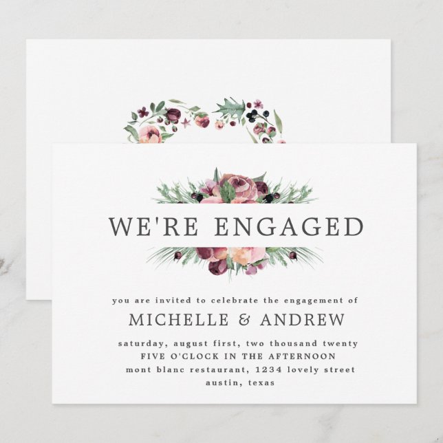 marsala floral heart wreath engagement invitation (Front/Back)