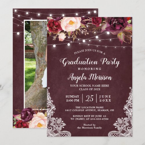 Marsala Floral Lace String Lights Photo Graduation Card