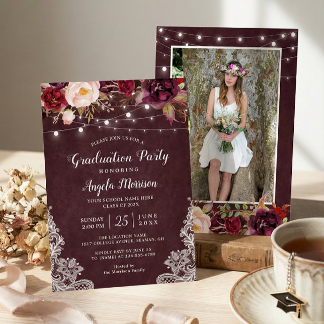 Marsala Floral Lace String Lights Photo Graduation Invitation (Creator Uploaded)