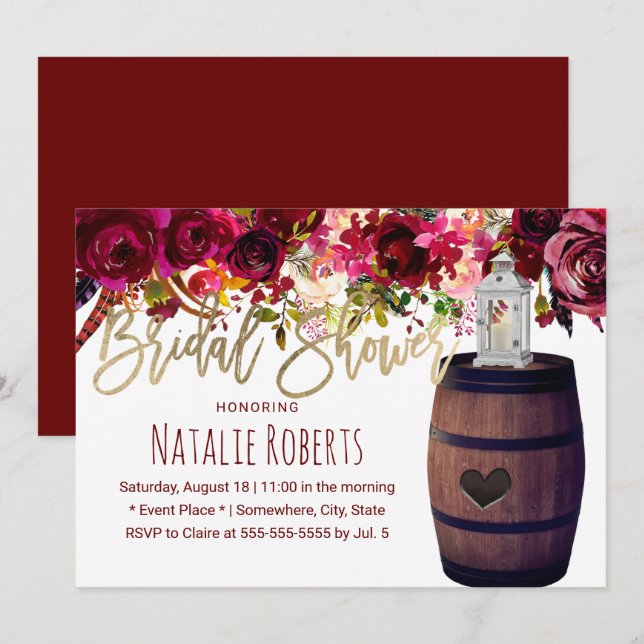 Marsala Floral Lantern Wine Barrel Bridal Shower Invitation (Front/Back)