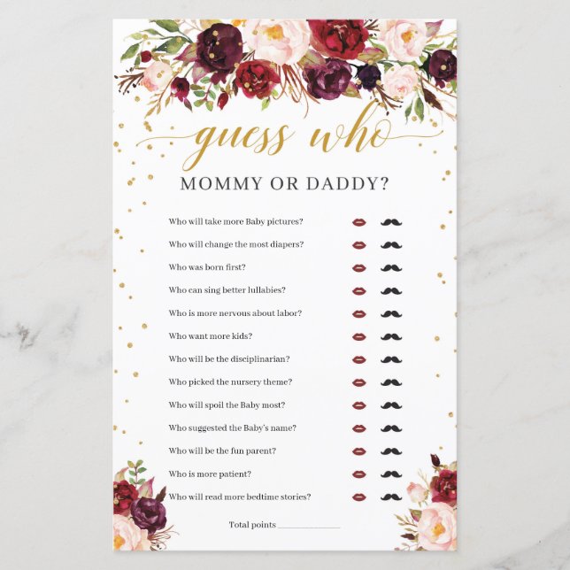 Marsala floral mommy or daddy baby shower game (Front)