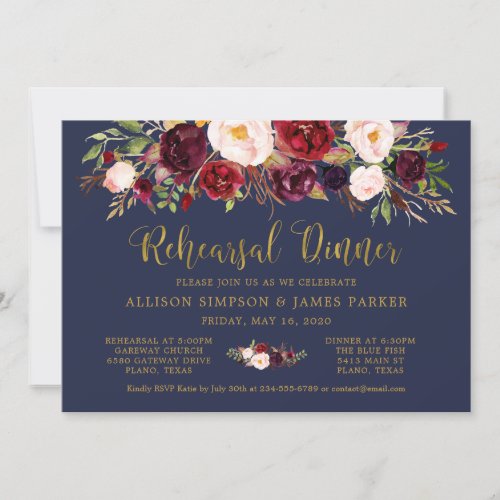 Marsala Floral Navy Gold Rehearsal Dinner Card