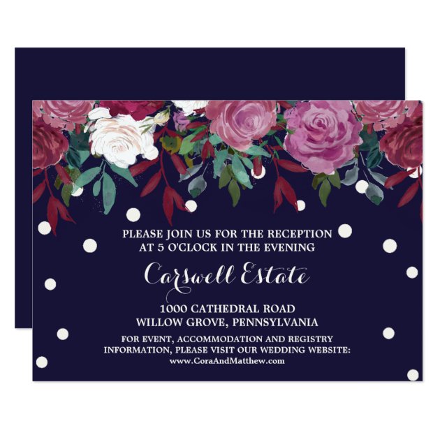 Marsala Floral On Navy Wedding Reception Insert Card