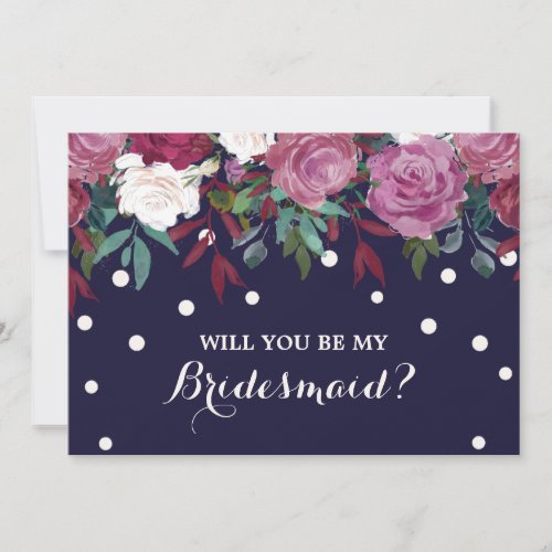 Marsala Floral on Navy Will You Be My Bridesmaid Invitation