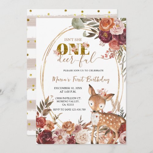 Marsala Floral One Deer Ful Girl First Birthday Invitation