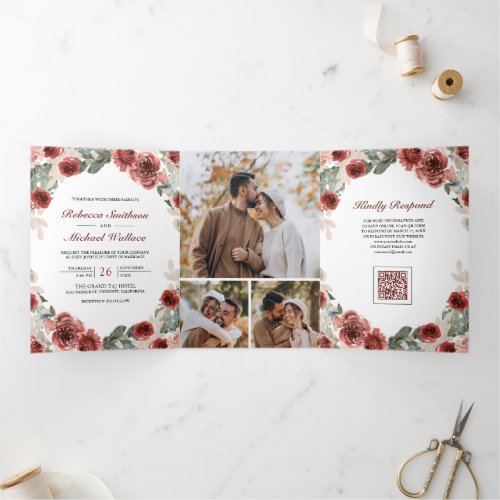 Marsala Floral Photo Collage QR Code Wedding Tri-Fold Invitation
