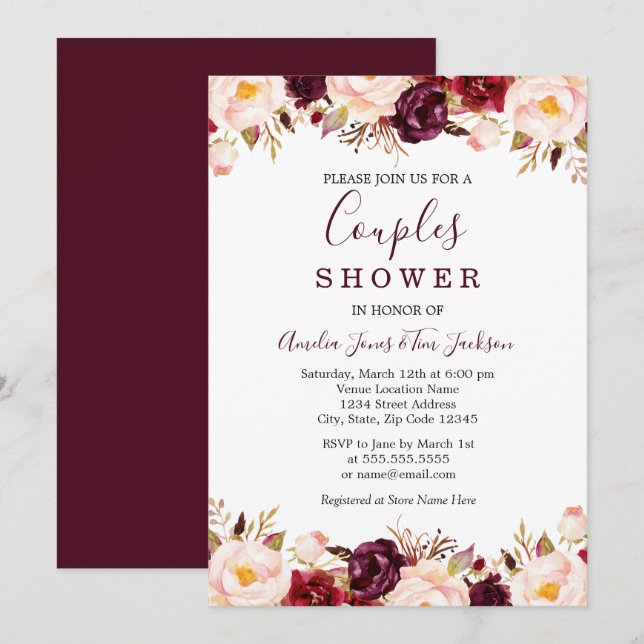 Marsala Floral Red Burgundy Couples Shower Invitation (Front/Back)