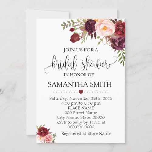 Marsala Floral Romantic Boho Chic Bridal Shower Invitation