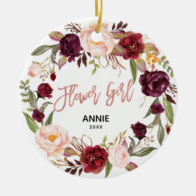 Marsala Floral Rose Gold Flower Girl Ceramic Ornament (Front)