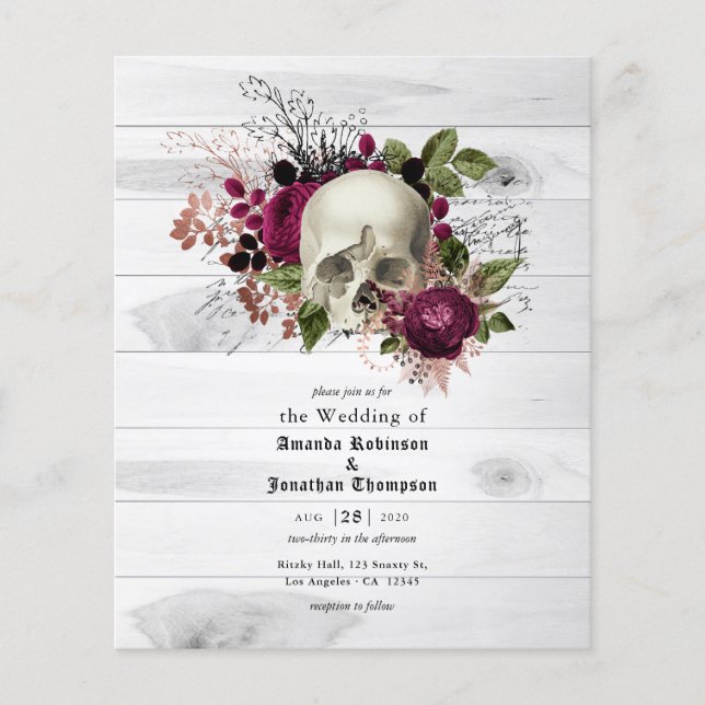 Marsala Floral Skull Halloween Gothic Wedding Flyer (Front)