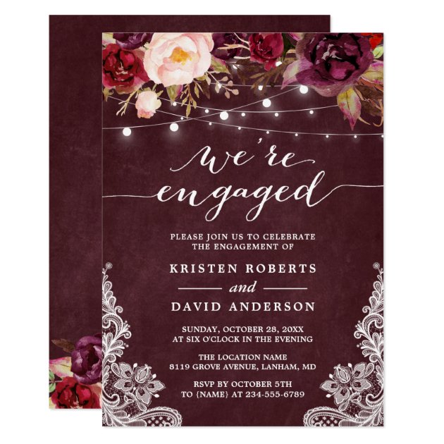 Marsala Floral String Lights Lace Engagement Party Invitation