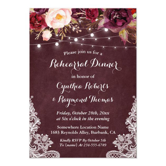 Marsala Floral String Lights Lace Rehearsal Dinner Card (front side)