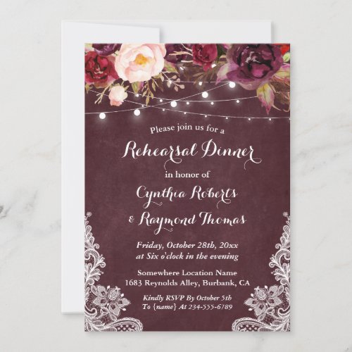 Marsala Floral String Lights Lace Rehearsal Dinner Card