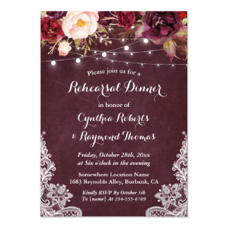 Marsala Floral String Lights Lace Rehearsal Dinner Invitation