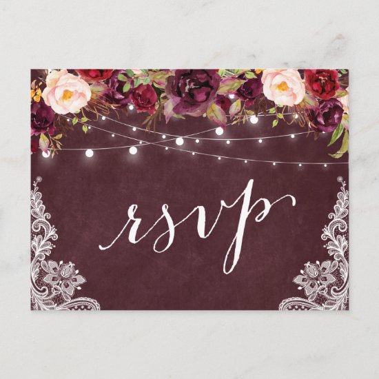 Marsala Floral String Lights Lace Wedding RSVP Invitation Postcard
