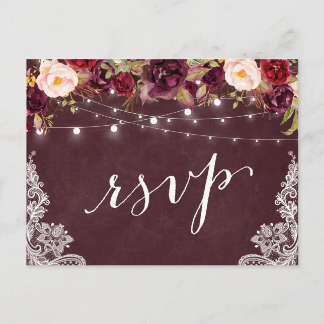 Marsala Floral String Lights Lace Wedding RSVP Invitation Postcard | Zazzle