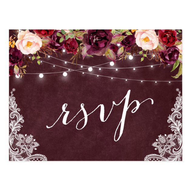 Marsala Floral String Lights Lace Wedding RSVP Postcard
