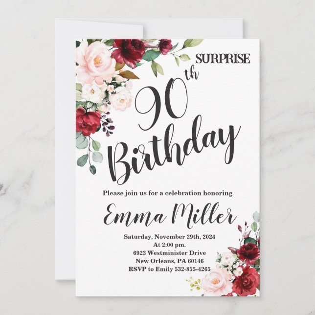 Marsala Floral Surprise 90th Birthday Invitation (Front)