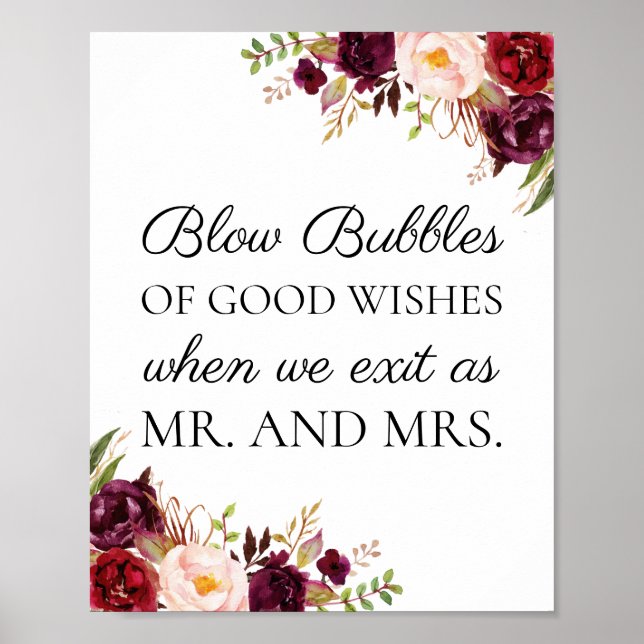 Marsala Floral Wedding Bubbles of Good Wishes Sign (Front)