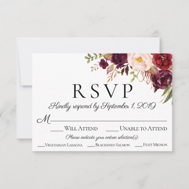 Marsala Floral Wedding RSVP Cards with Meal Option (Front)