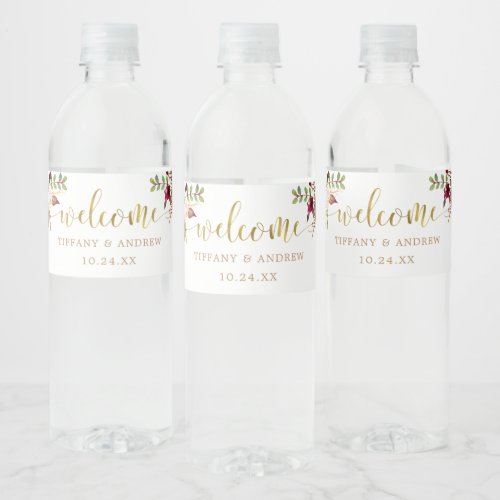 Marsala Floral Wedding Welcome Water Bottle Label