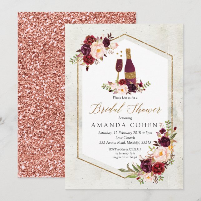 Marsala Floral Wine Tasting Bridal Shower Invitation (Front/Back)