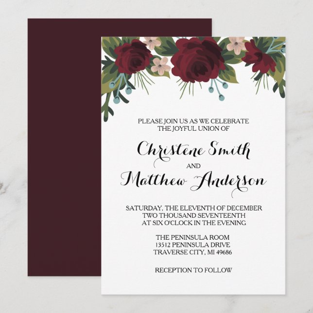 Marsala Floral Winter Wedding Invite (Front/Back)