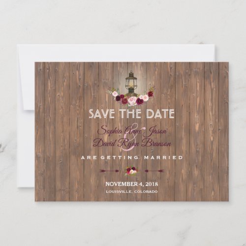 Marsala Floral Wood Old Lantern Save The Date