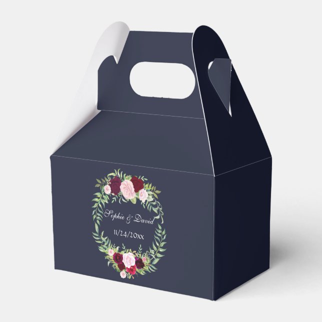 Marsala Floral Wreath Navy Blue Wedding Favor Boxes (Front Side)