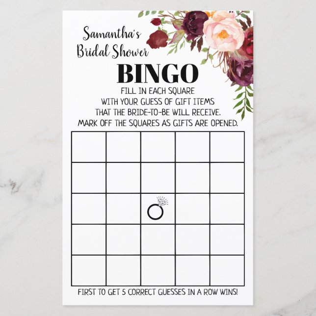 Marsala Flowers Bridal Bingo Wedding Shower Game (Front)